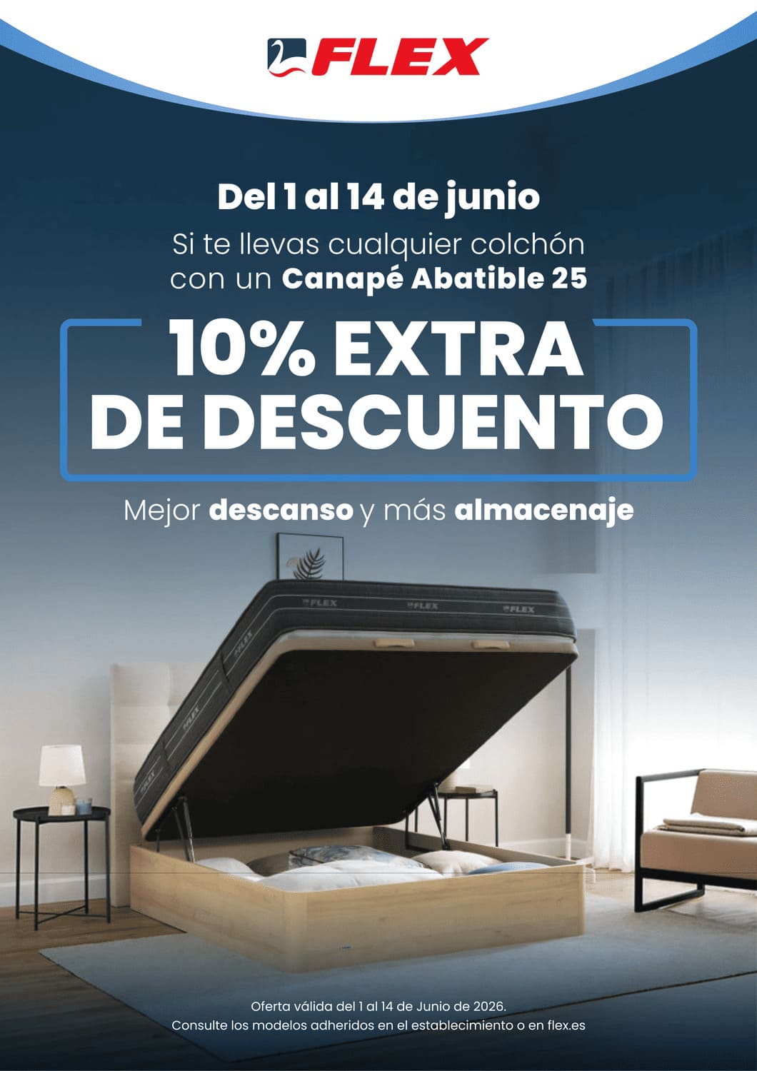 Promoción FLEX con 10% extra de descuento por comprar colchón y canapé abatible 25